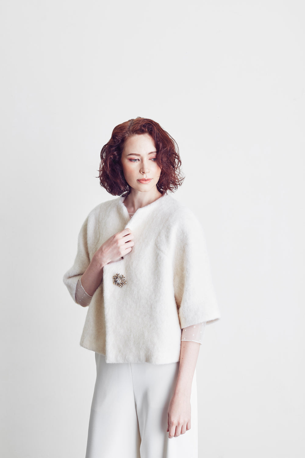 Style: ADONIE Collarless Cropped Wool Coat Peony Rice