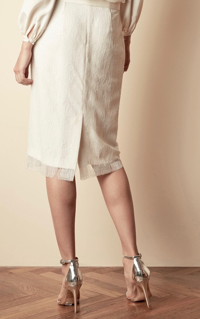 Style: ALICE Geometric Lace Overlay Pencil Skirt - Peony Rice