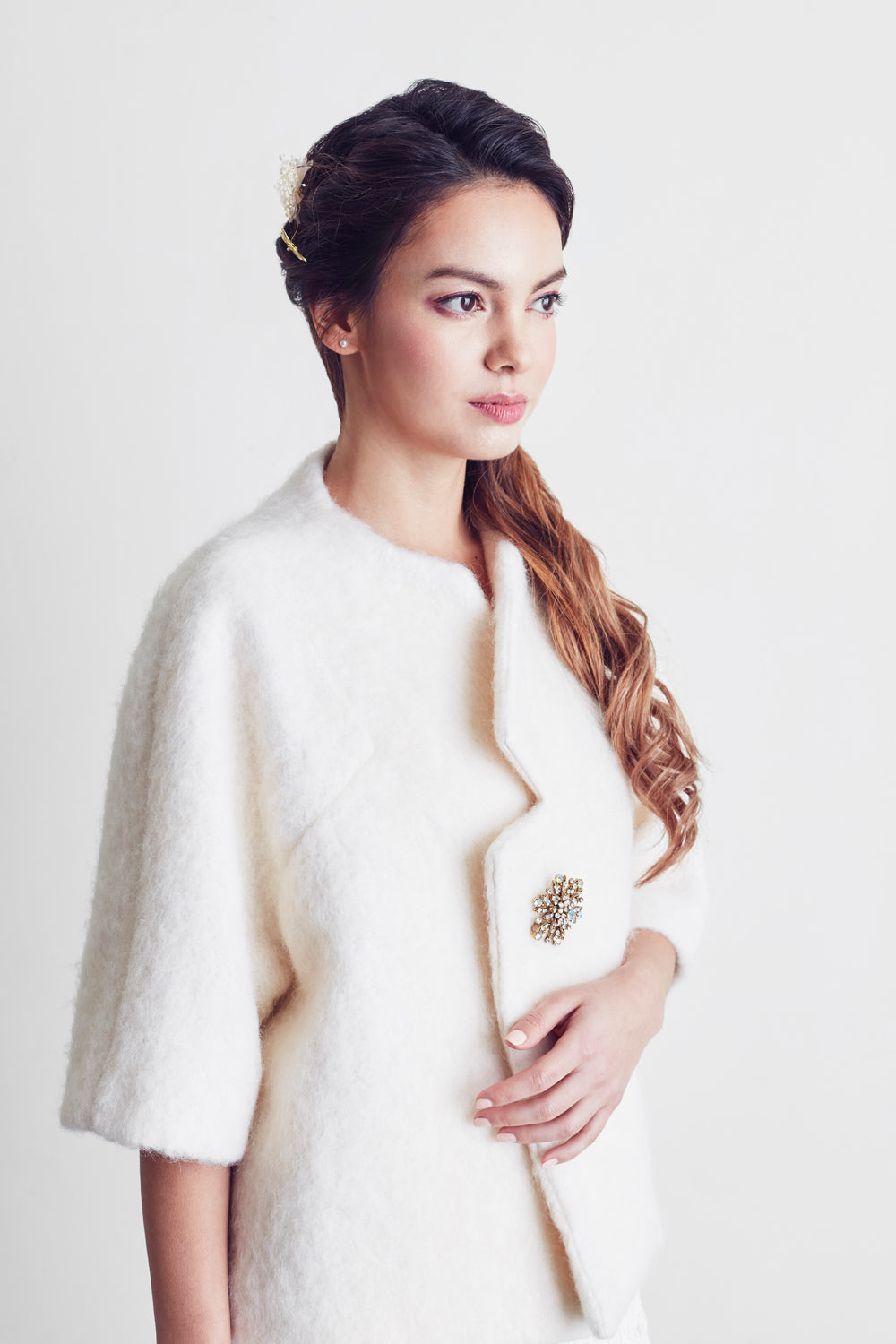 Style: ADONIE Collarless Cropped Wool Coat Peony Rice