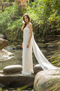 Style: RUBY Silk Crinkle Chiffon Ruched Front Bandeau Gown - Peony Rice
