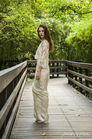 Style: JULIANNA Gold Metallic Lace Spaghetti Gown - Peony Rice