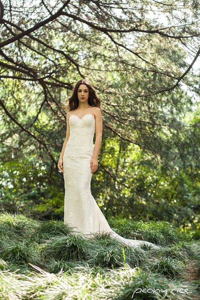 Style: ELLY Low Cut Back Beaded Lace Appliqué Fishtail Gown - Peony Rice