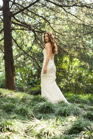 Style: ELLY Low Cut Back Beaded Lace Appliqué Fishtail Gown - Peony Rice