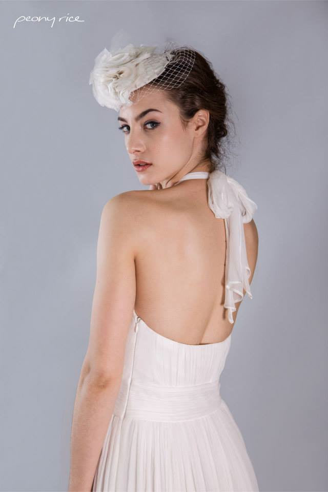 Style: AUDREY Crinkle Silk Chiffon Halter Tie Gown - Peony Rice