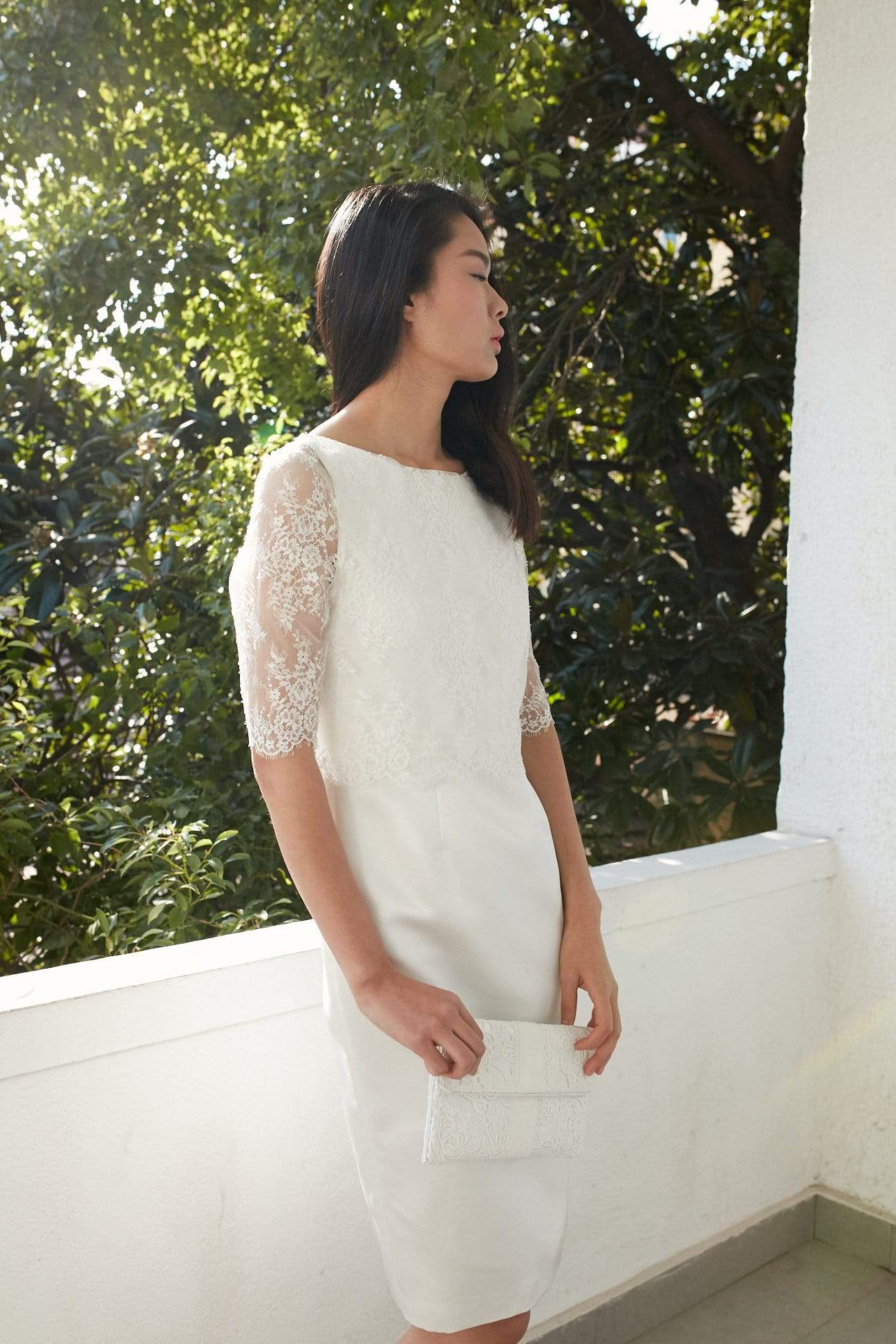 top half lace dress See Through Lace Top Beach Wedding Dresses Half Sleeve Simple Wedding Dress SheerGirl