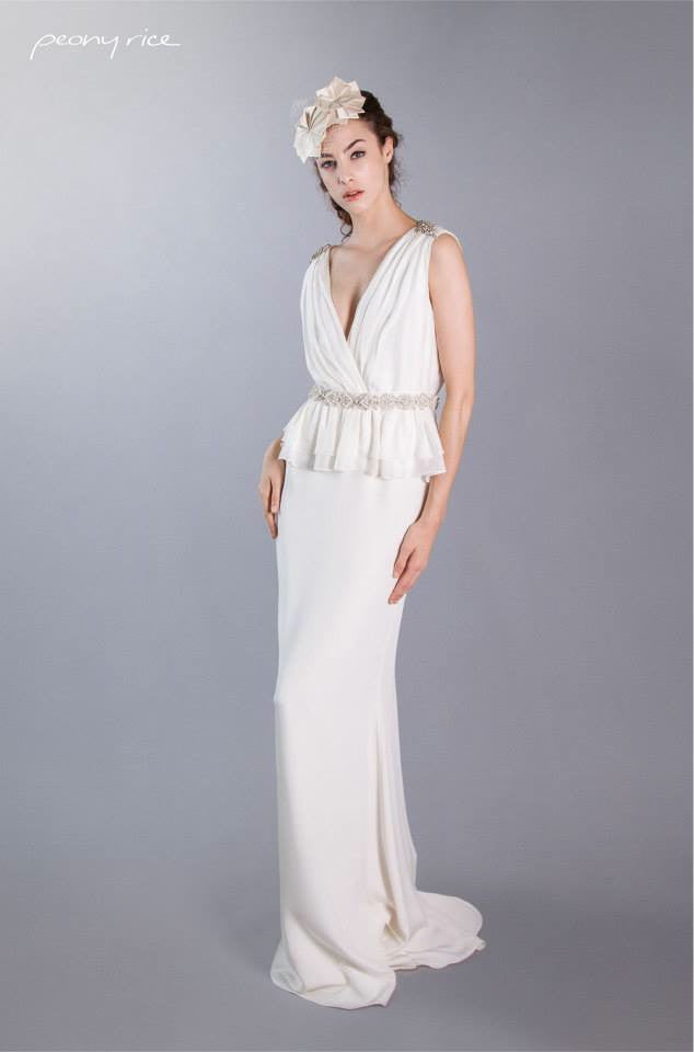 Style: LANA Deep V Front Peplum Silk Gown - Peony Rice