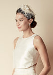 Style: JENNIFER Satin Organza Silk Ruffle Flower Bird Cage Veil - Peony Rice