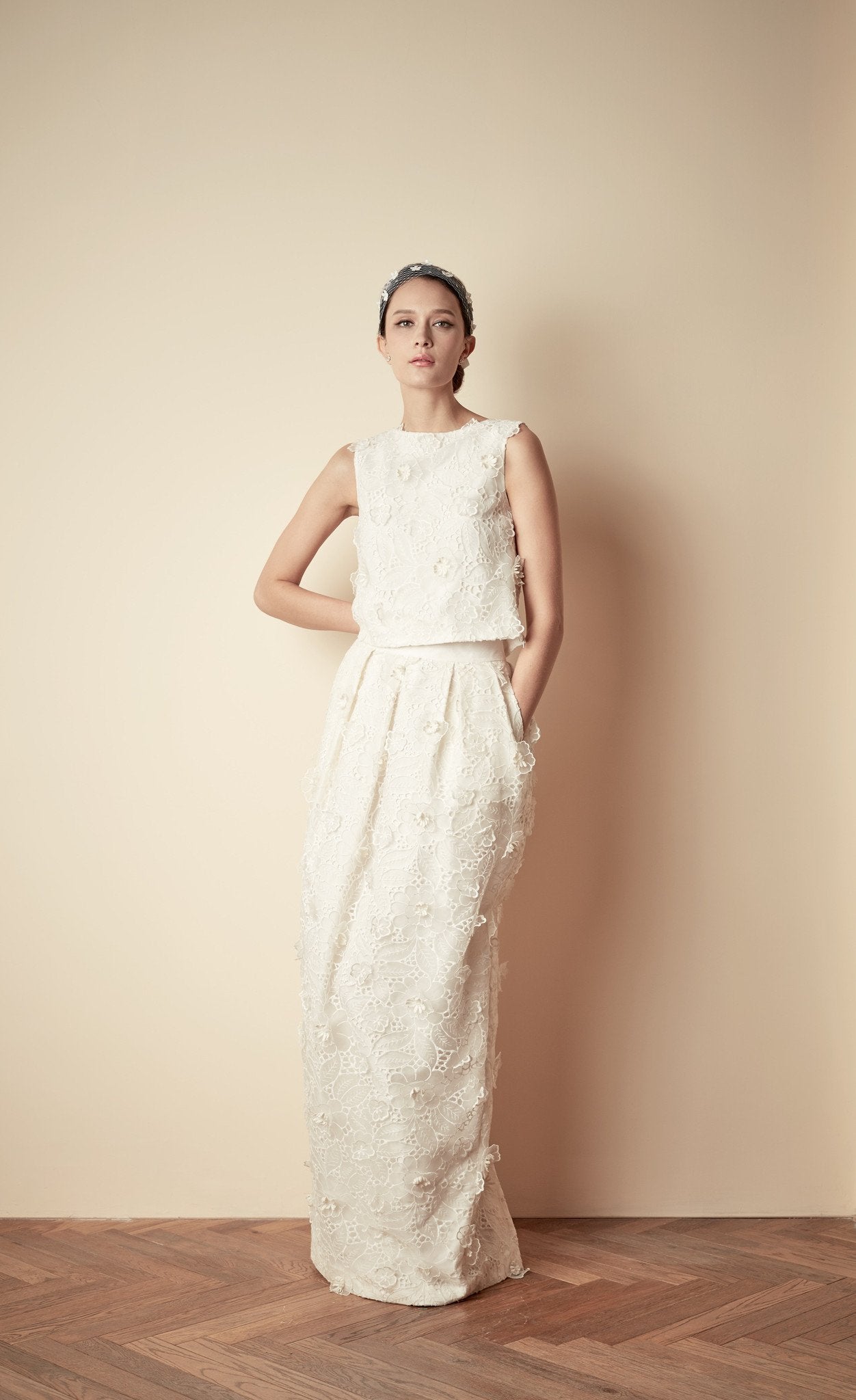 Style: LYNN 3D Floral High Waisted Lantern Skirt Peony Rice