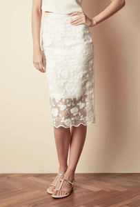 Style: ALICIA Floral Embroidered Scallop Edge Pencil Skirt Peony Rice