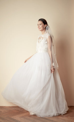 Style: HAYLEY Floral Hand Appliqué Lace Top Peony Rice