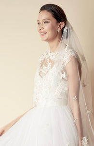 STYLE: JOHANNA Floral Embroidery Lace Applique Veil - Peony Rice