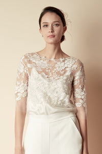 Style: HILARY French Metallic Lace Appliqué Top Peony Rice