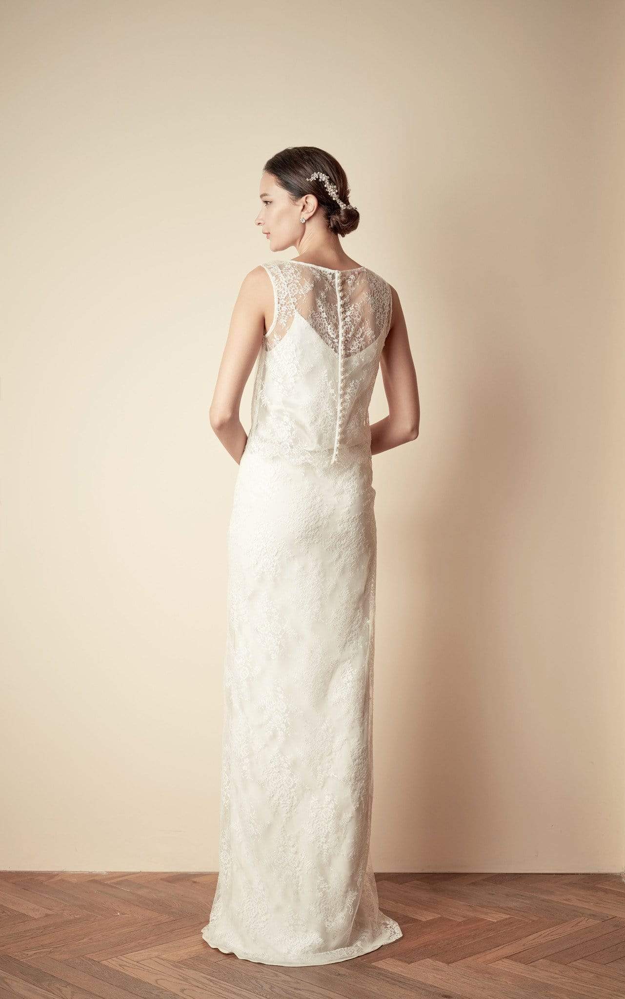 Style: CAROLA Lace overlay Column Skirt - Peony Rice