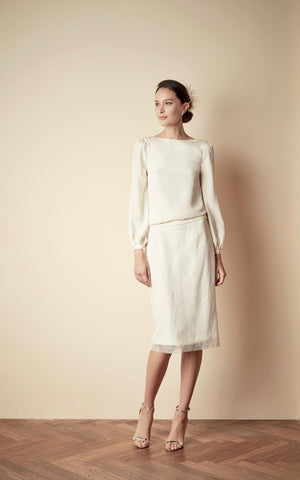 Style: MILENA Open Back Double Silk Blouse Peony Rice