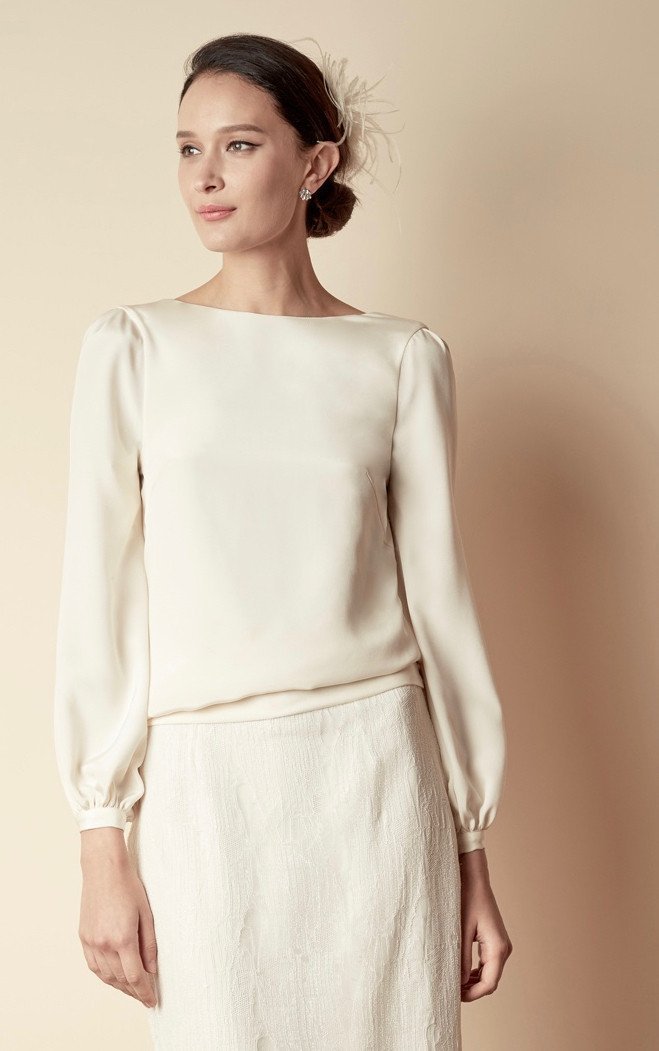 Style: MILENA Open Back Double Silk Blouse Peony Rice