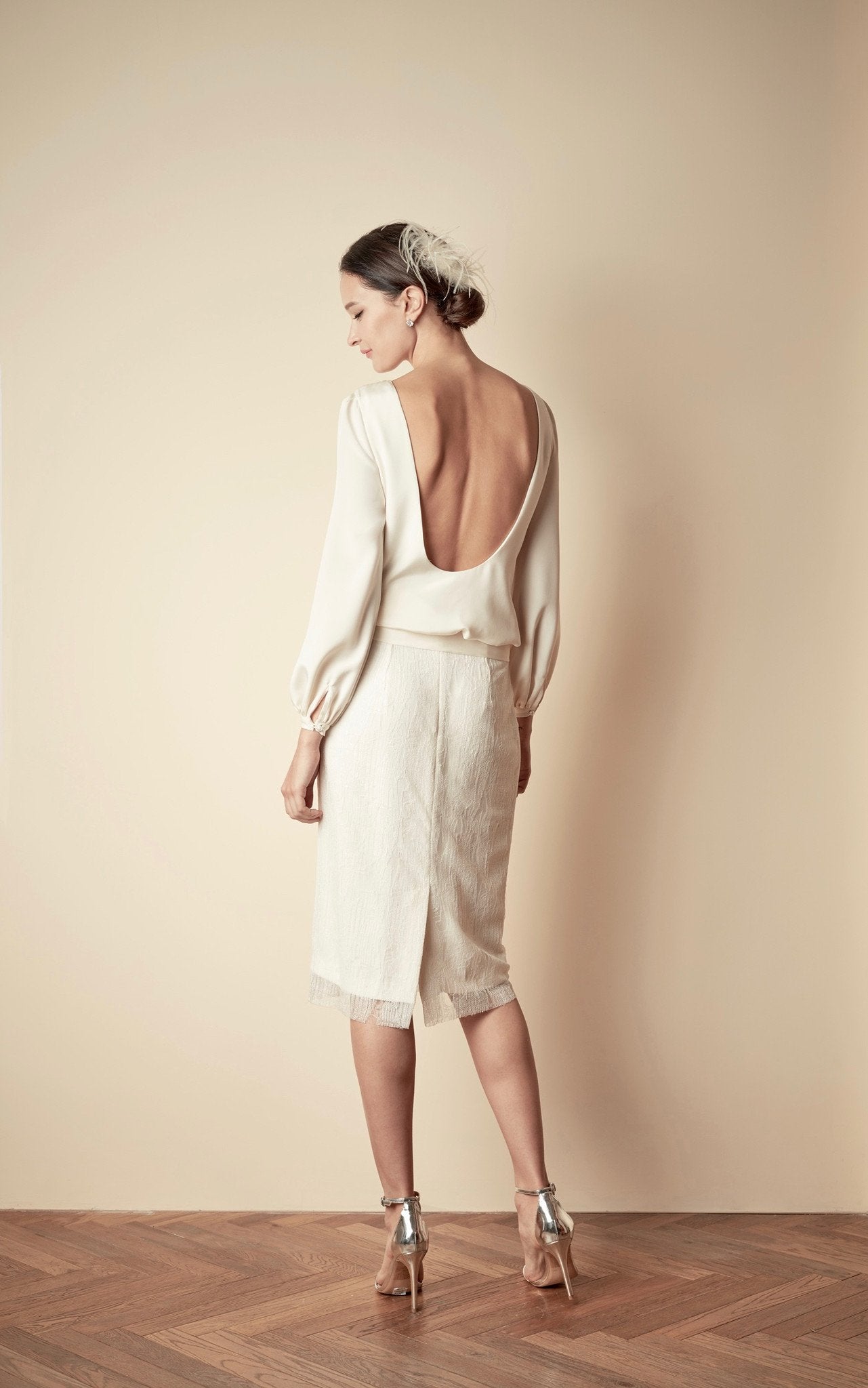 Style: MILENA Open Back Double Silk Blouse Peony Rice