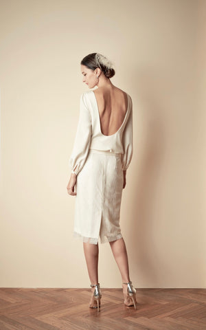Style: MILENA Open Back Double Silk Blouse Peony Rice