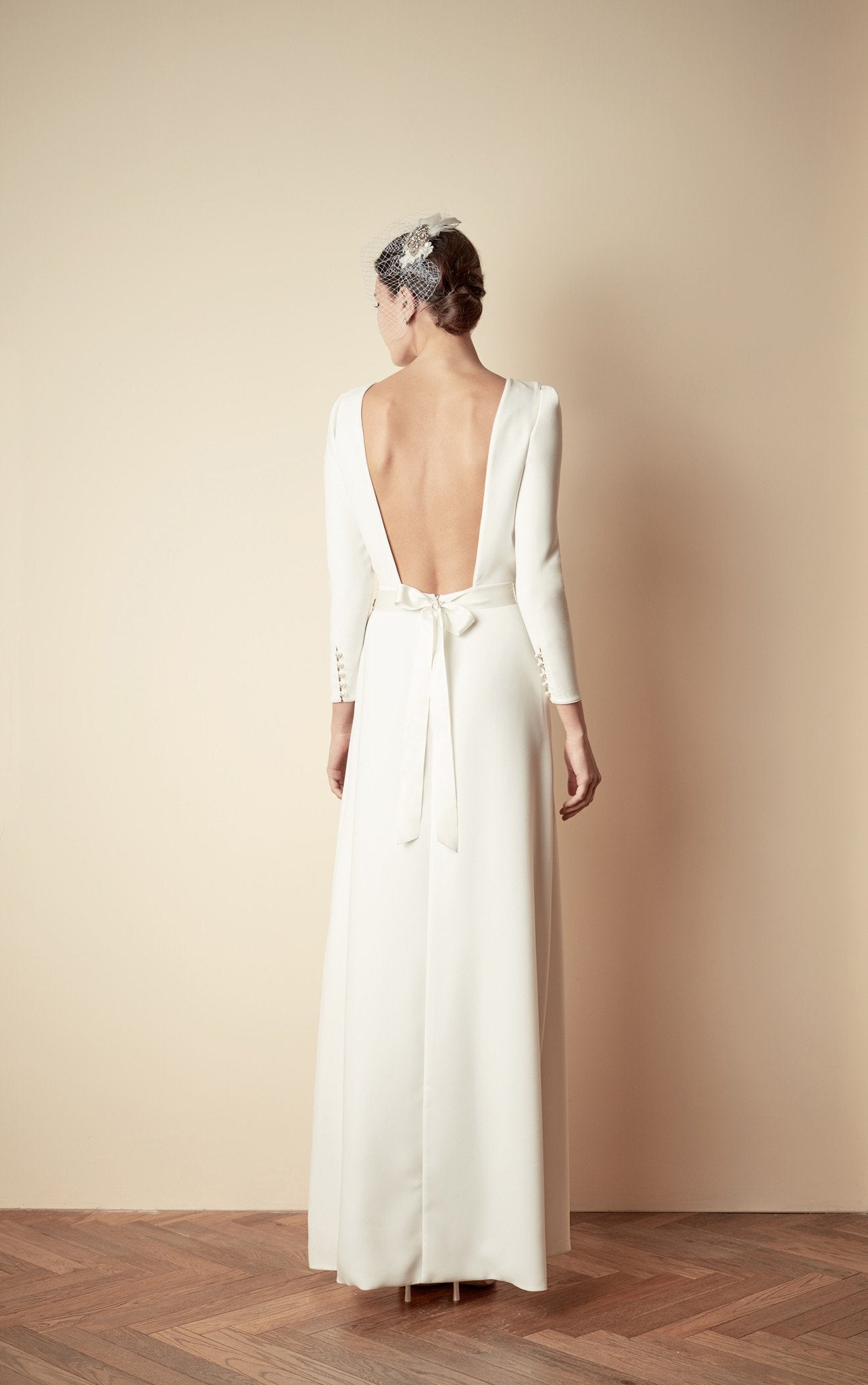 Style: FRANCES Long Sleeve Square Back A-line Gown Peony Rice