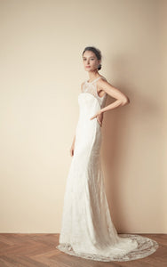 Style: TALIA Crepe & Lace Bandeau Open Back Fishtail Gown - Peony Rice