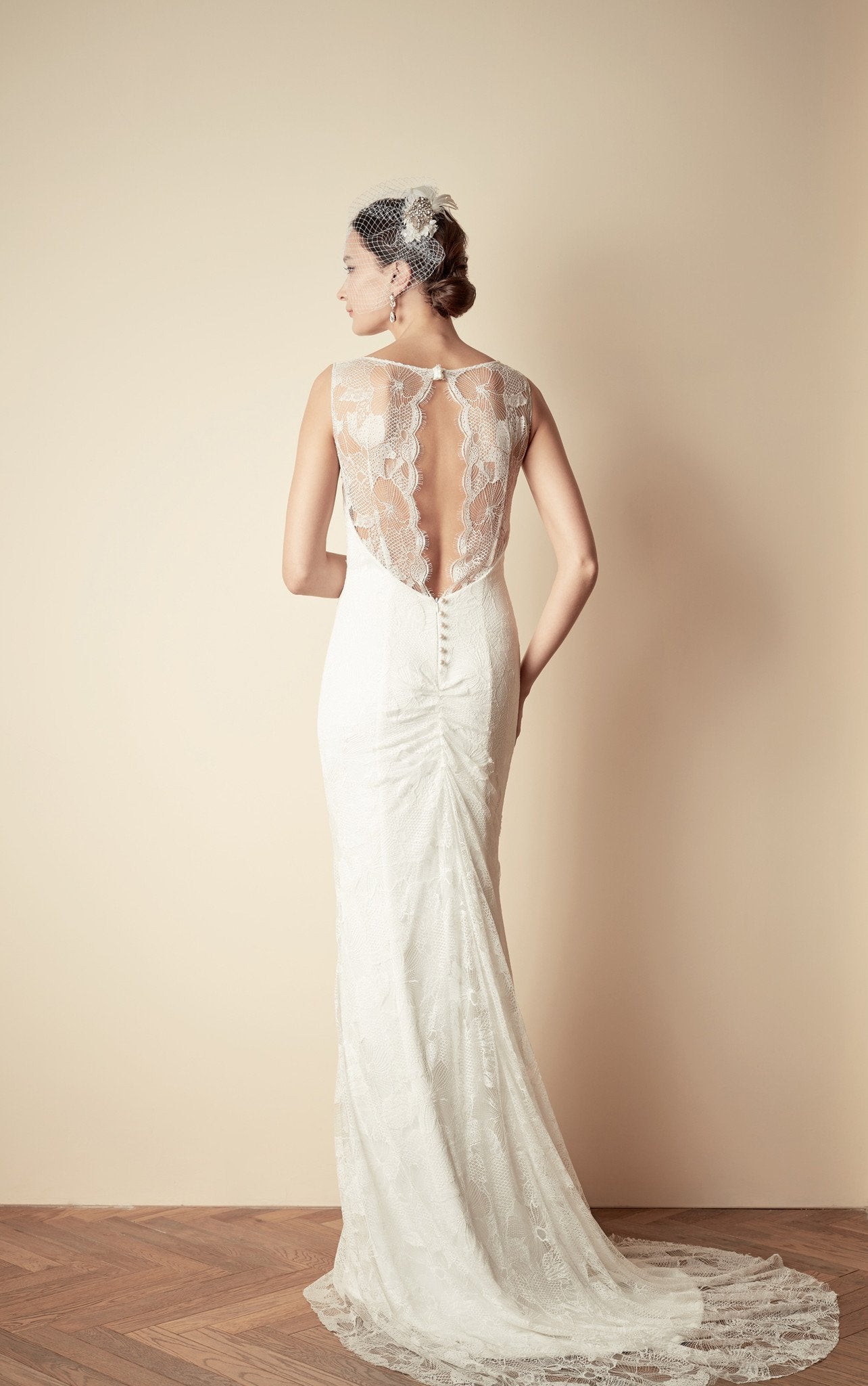 Style: TALIA Crepe & Lace Bandeau Open Back Fishtail Gown - Peony Rice
