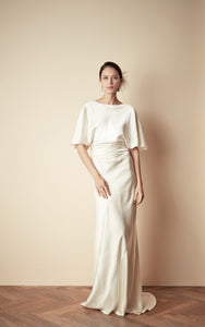 Style: GLORIA Hammered Silk Draped Sleeve Gown with Ruched Waistband - Peony Rice