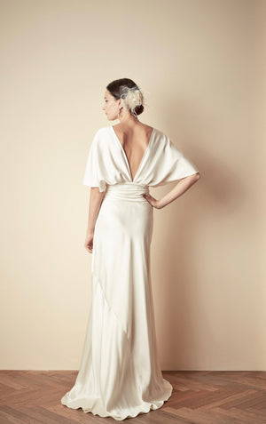 Style: GLORIA Hammered Silk Draped Sleeve Gown with Ruched Waistband - Peony Rice