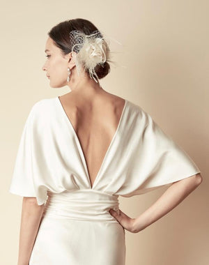 Style: JENNIFER Satin Organza Silk Ruffle Flower Bird Cage Veil - Peony Rice