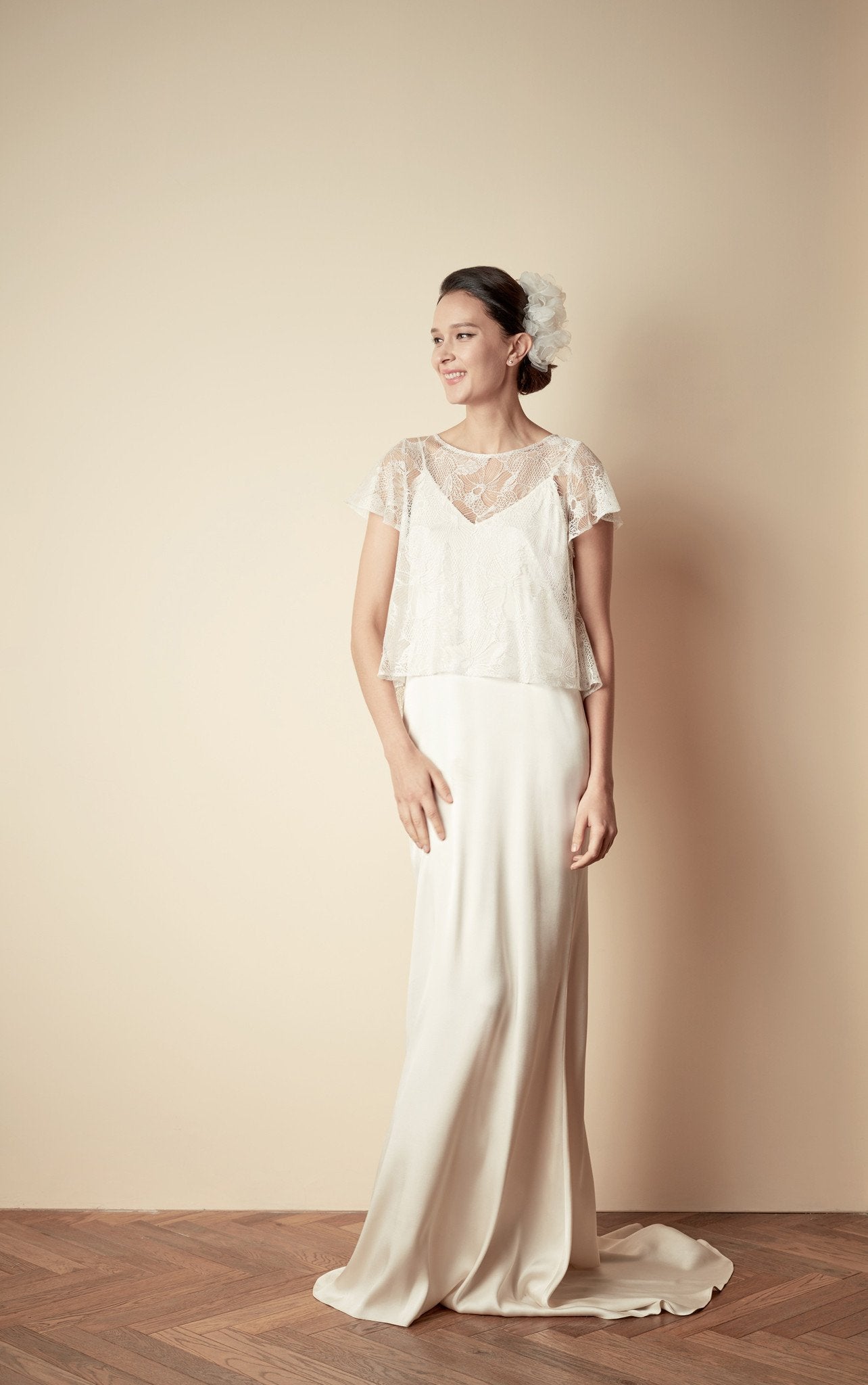 Style: JOAN Silk V-back Maxi Slip & JACKIE Iris Lace A-line Swing Top Peony Rice Style: JOAN Silk V-back Maxi Slip & JACKIE Iris Lace A-line Swing Top Peony Rice