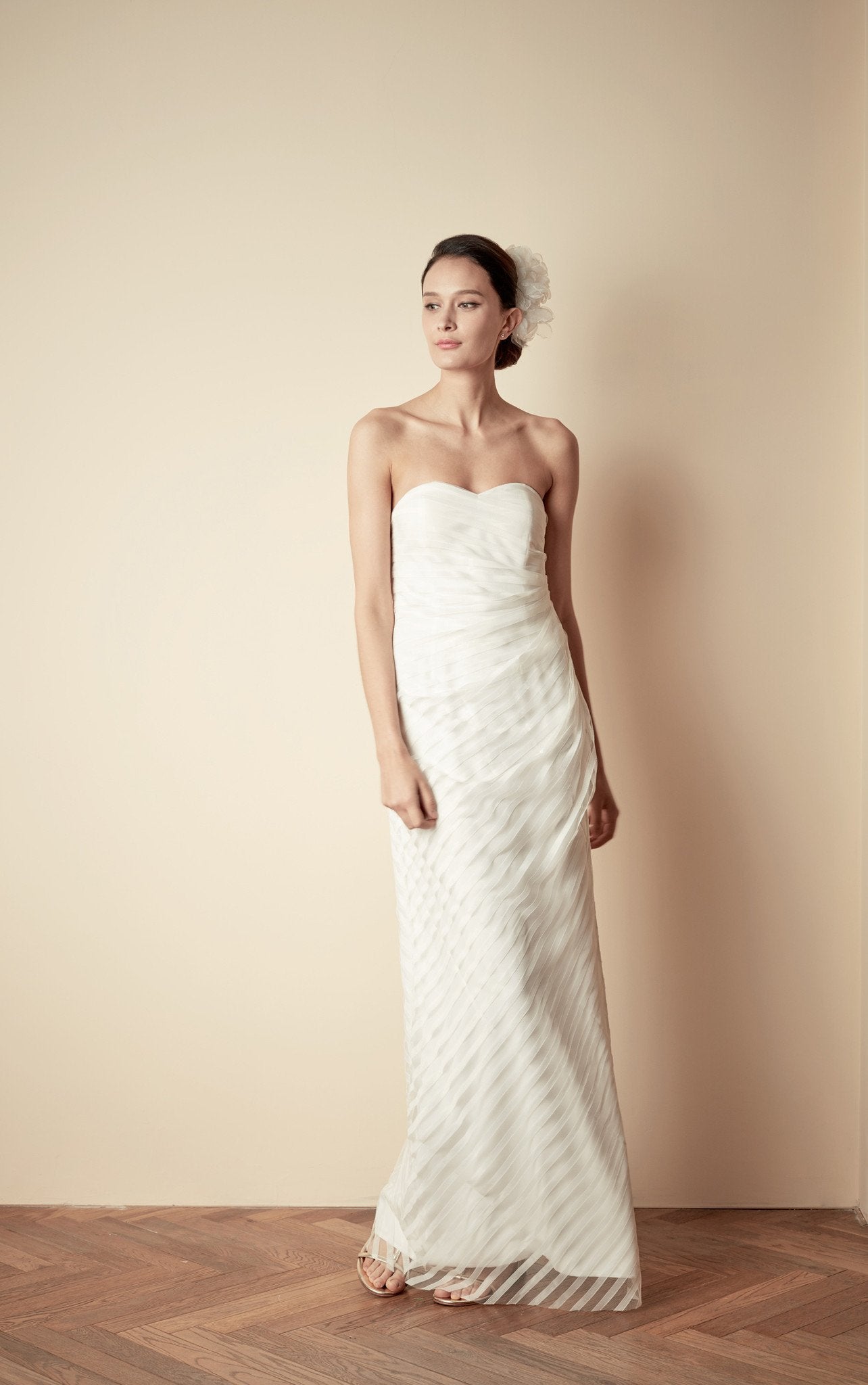 Style: FAYE Stripe Lace Tulle Bandeau Side Draped Gown - Peony Rice