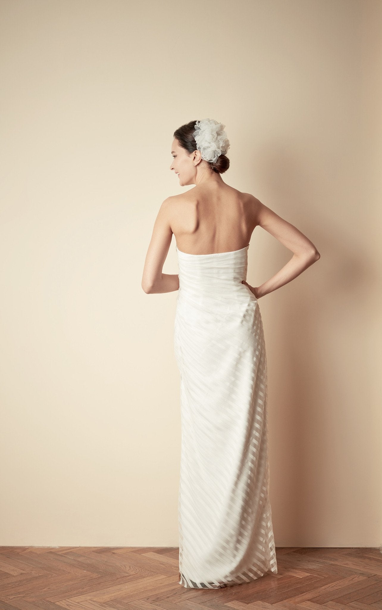 Style: FAYE Stripe Lace Tulle Bandeau Side Draped Gown - Peony Rice