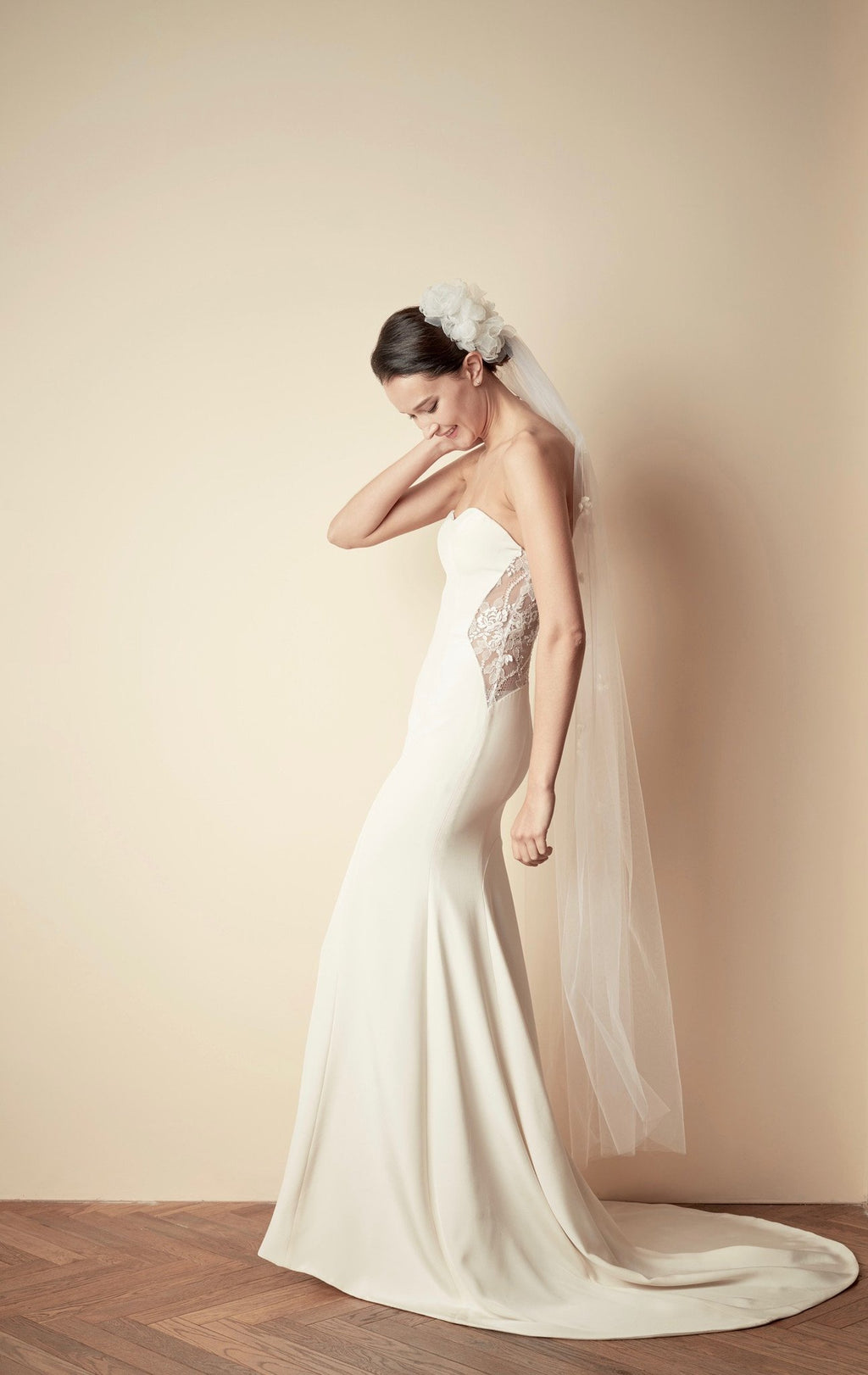 Style: TINA Cut Out Lace Panel Bandeau Dress with Fluted Hem - Peony Rice