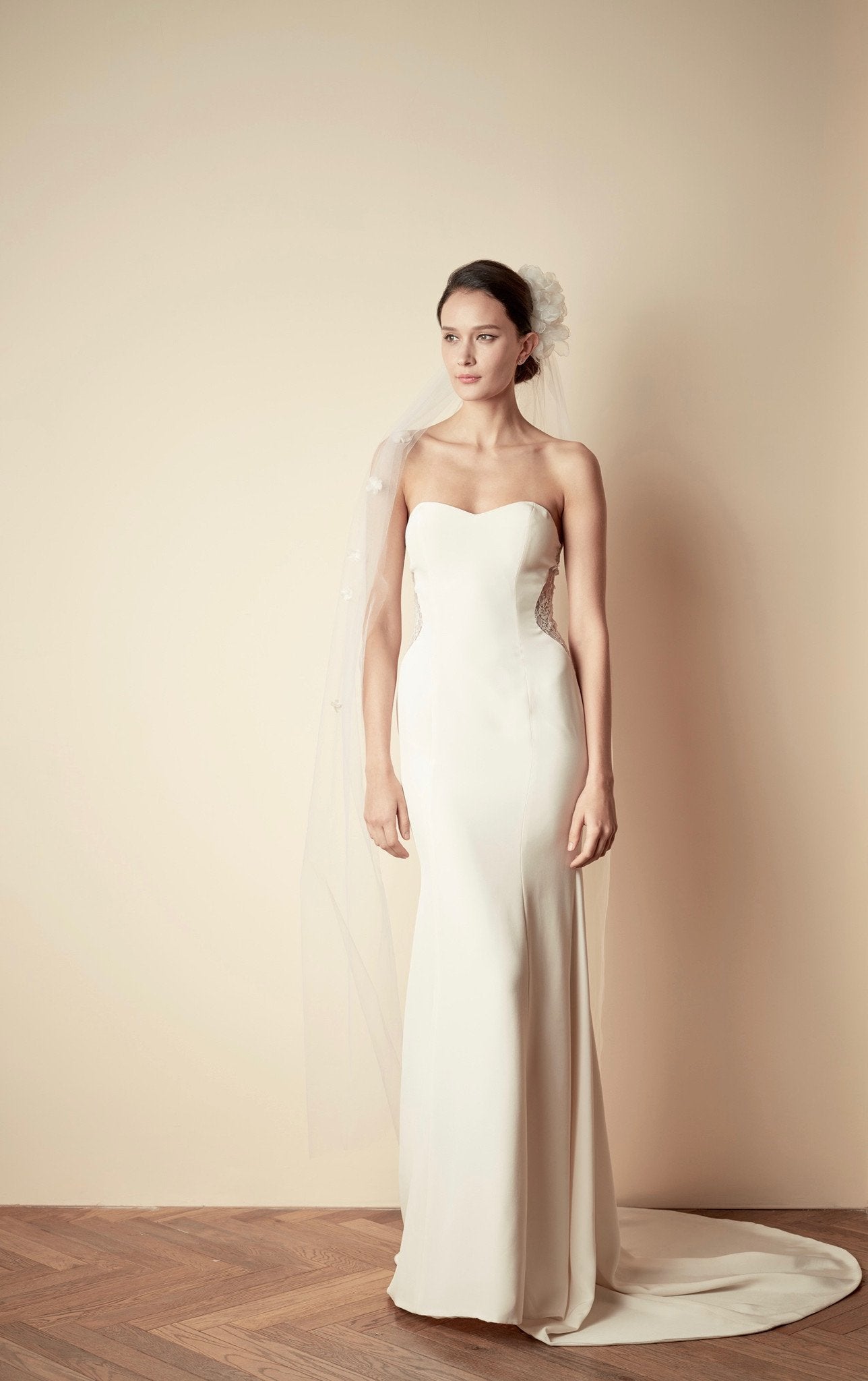 Style: TINA Cut Out Lace Panel Bandeau Dress with Fluted Hem - Peony Rice