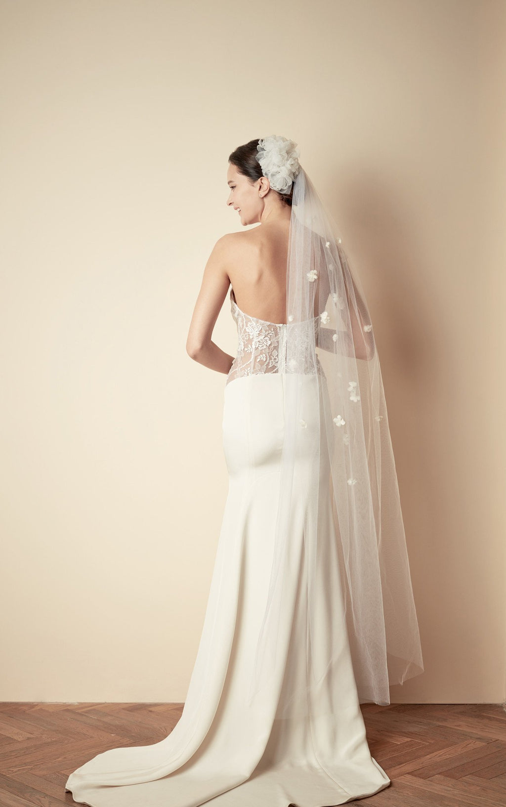 STYLE: JOLENE Silk Organza Raw Cut Flower & Pearl Embellished Veil - Peony Rice