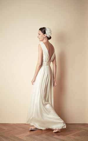 Style: JEANNE Silk Mousseline Hand Pleated Deep V Gown - Peony Rice