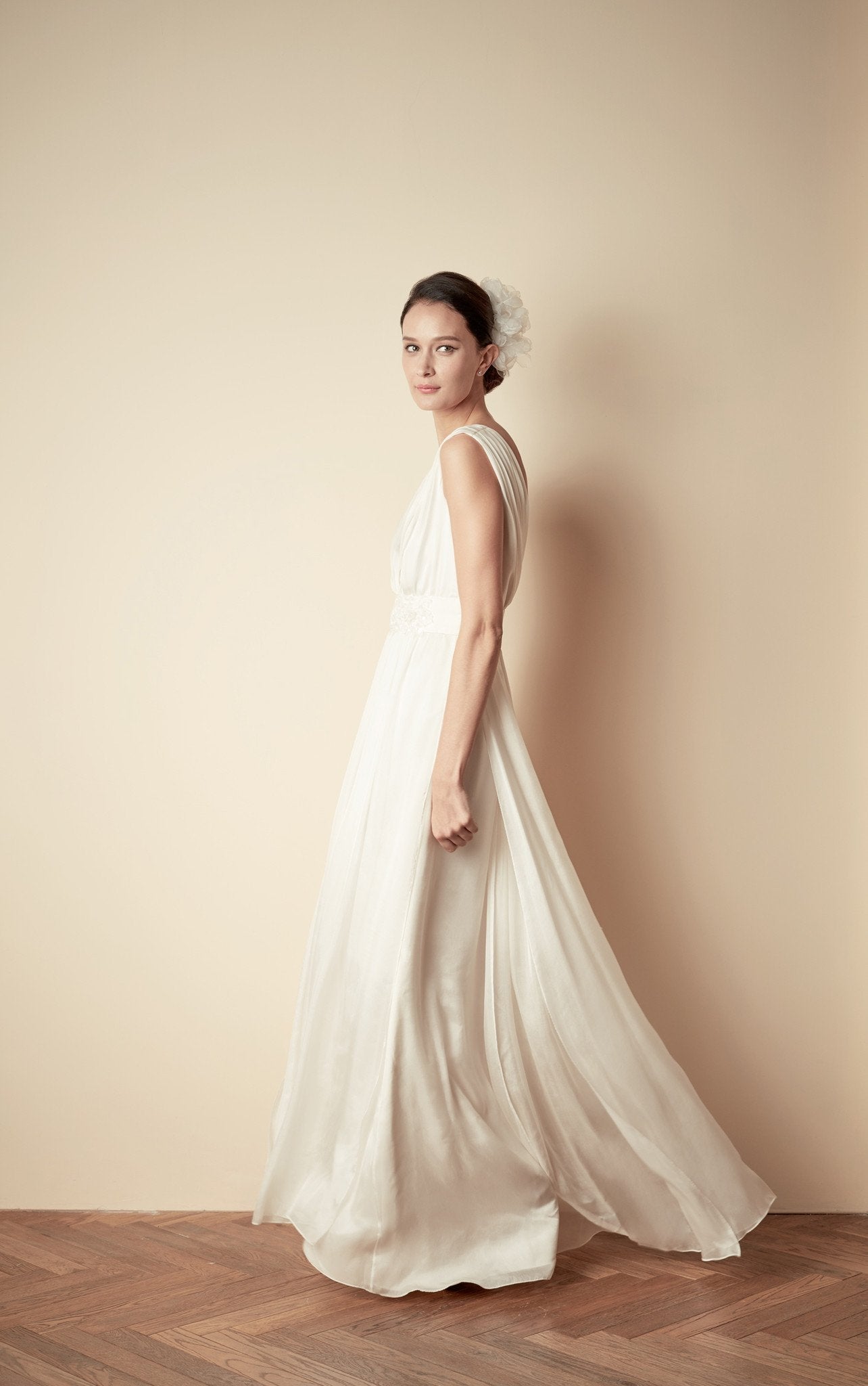 Peony Rice Style: JEANNE Silk Mousseline Hand Pleated Deep V Gown Natural White / US 0 Peony Rice Style: JEANNE Silk Mousseline Hand Pleated Deep V Gown Natural White / US 0