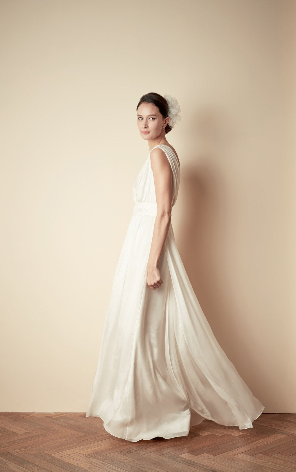 Style: JEANNE Silk Mousseline Hand Pleated Deep V Gown - Peony Rice