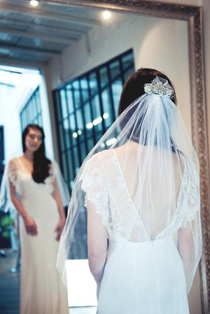 Style: KIERA A-line Silk Slip Gown with Lace Cape Sleeves Peony Rice