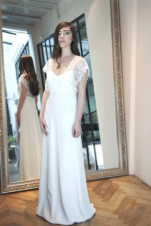 Style: KIERA A-line Silk Slip Gown with Lace Cape Sleeves Peony Rice