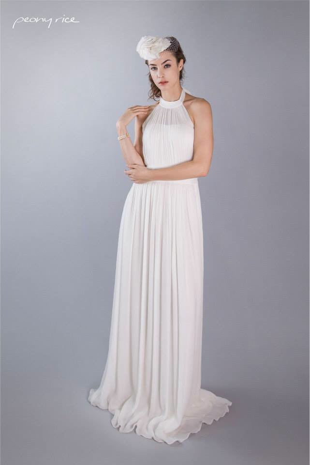 Style: AUDREY Crinkle Silk Chiffon Halter Tie Gown - Peony Rice