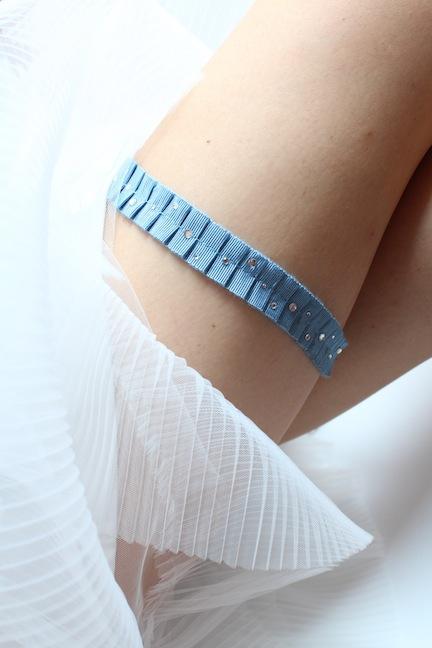 Style #2 Pleated Grosgrain Garter with Swarovski Crystal Trim - Peony Rice