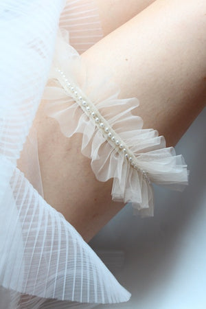 Style #3 Pleated Nude Tulle Garter with Faux Pearl Trim - Peony Rice