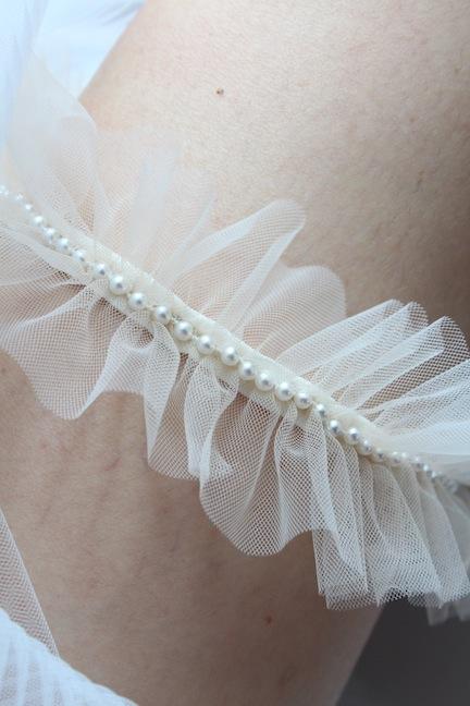 Style #3 Pleated Nude Tulle Garter with Faux Pearl Trim - Peony Rice
