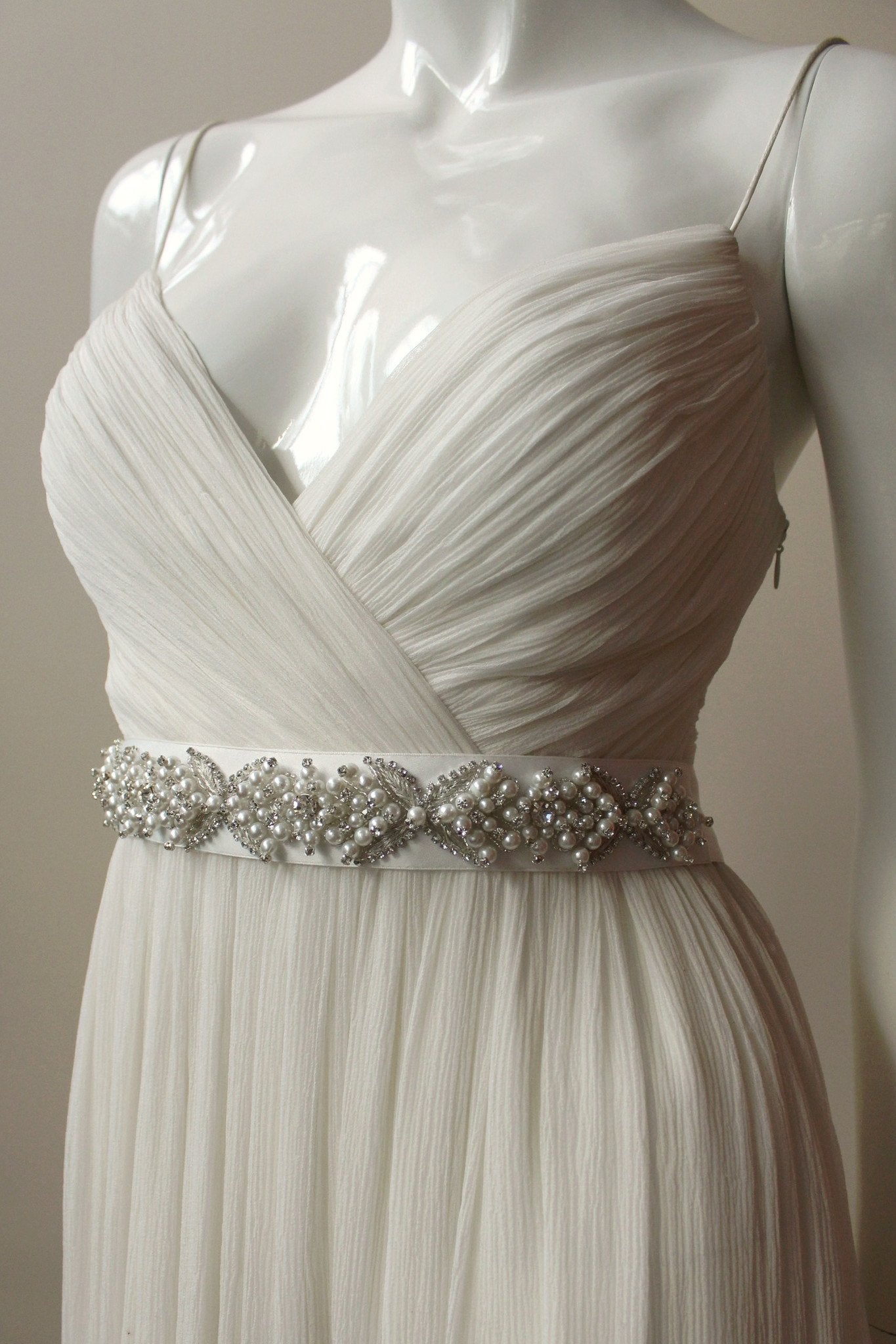 Style: MARIA Art Deco Crystal and Pearl Cross Satin Tie Belt - Peony Rice