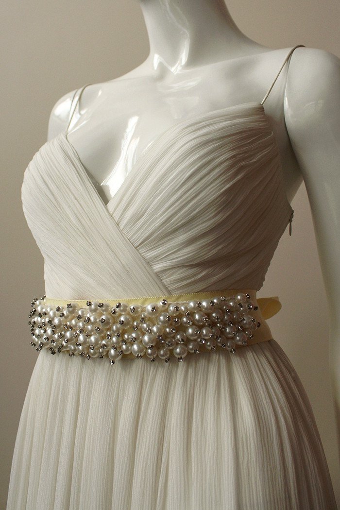 Style: MONIQUE Pearl & Crystal Embellished Grosgrain Sash Belt - Peony Rice
