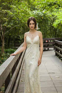 Style: JULIANNA Gold Metallic Lace Spaghetti Gown - Peony Rice