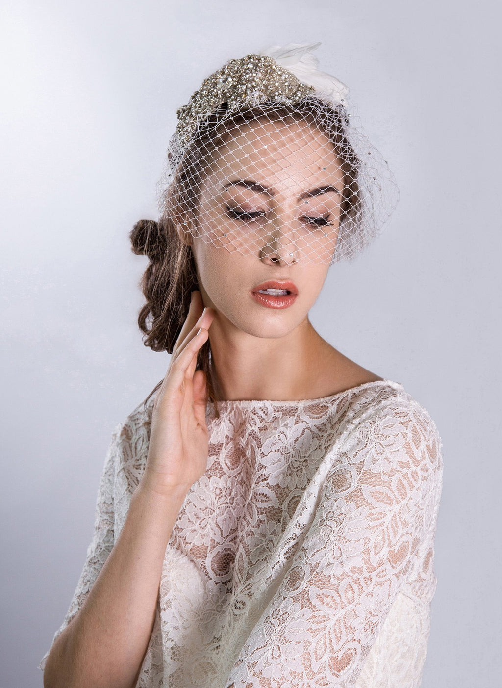 Style: RITA Crystal And Feather Deco Head Topping - Peony Rice
