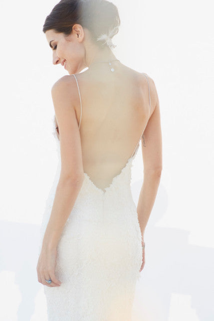Style: ELLY Low Cut Back Beaded Lace Appliqué Fishtail Gown - Peony Rice