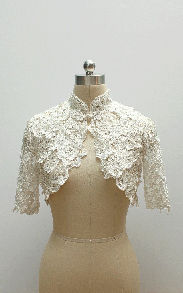 Style: CAITLIN Lace Floral Cut Applique Bolero - Peony Rice