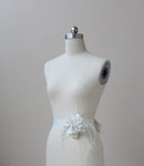 Style: MARILYN Feather Trimmed Silk Satin Organza Swirl Sash Belt - Peony Rice