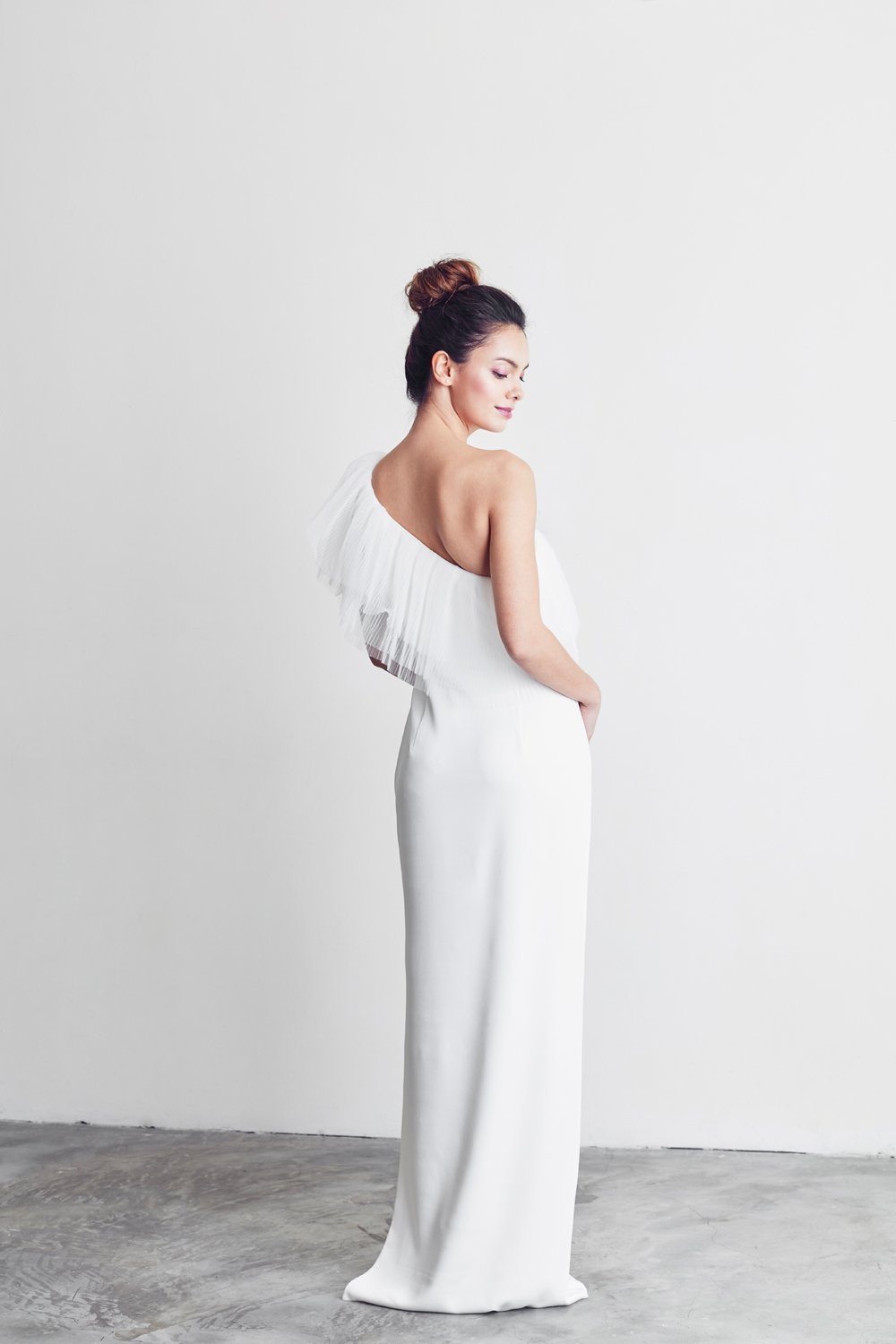 Style: DIANE One Shoulder Column Gown with Pleated Tulle Trim Peony Rice